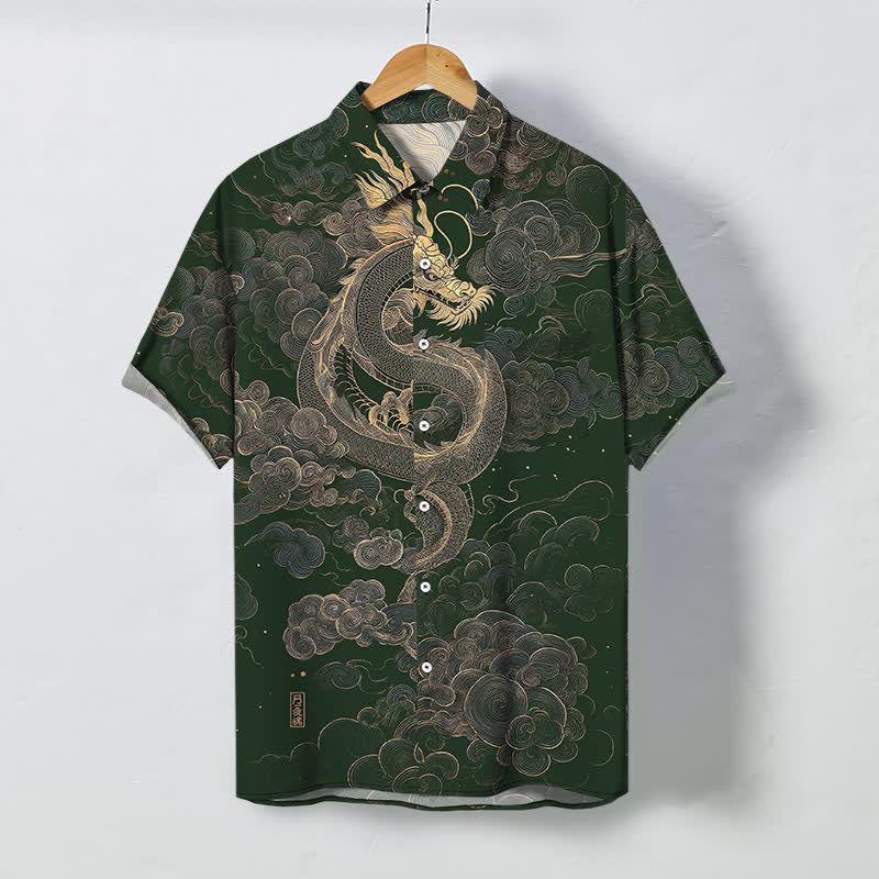 Buddha Stones Herren-Kurzarmhemd mit goldenem Drachen- und Wolkenmuster, knitterarm. - Dunkelgrün - US/ UK/AU48, EU58 (4XL) - image 5