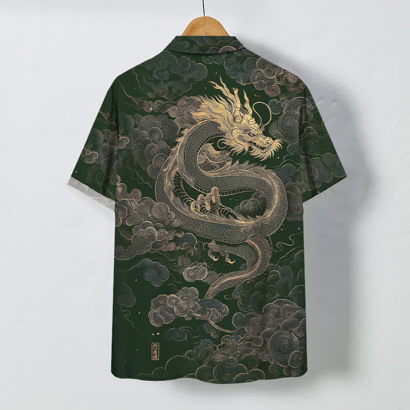 Buddha Stones Herren-Kurzarmhemd mit goldenem Drachen- und Wolkenmuster, knitterarm. - image 6