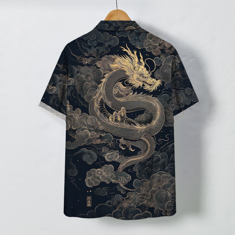 Buddha Stones Herren-Kurzarmhemd mit goldenem Drachen- und Wolkenmuster, knitterarm. - image 8
