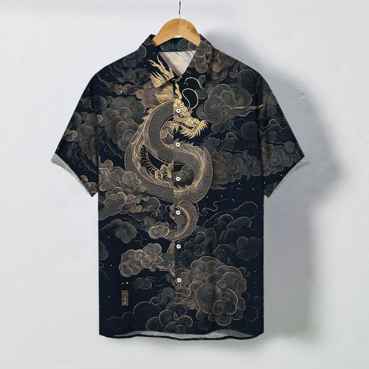 Buddha Stones Herren-Kurzarmhemd mit goldenem Drachen- und Wolkenmuster, knitterarm. - Mitternachtsblau - US/ UK/AU48, EU58 (4XL) - image 7