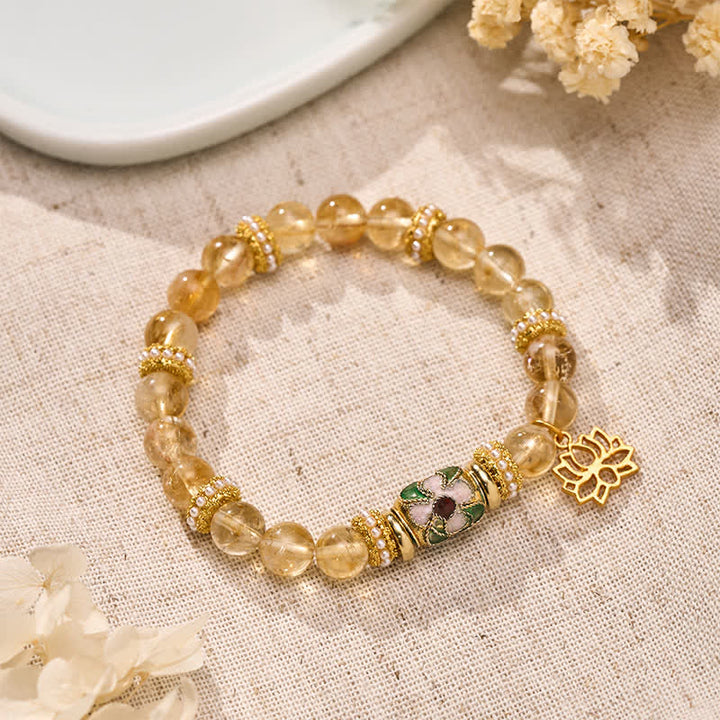 Buddha Stones Citrin-Lotus-Anhänger, Emaille-Fassperlen, handpoliertes Armband mit runden Perlen - image 1