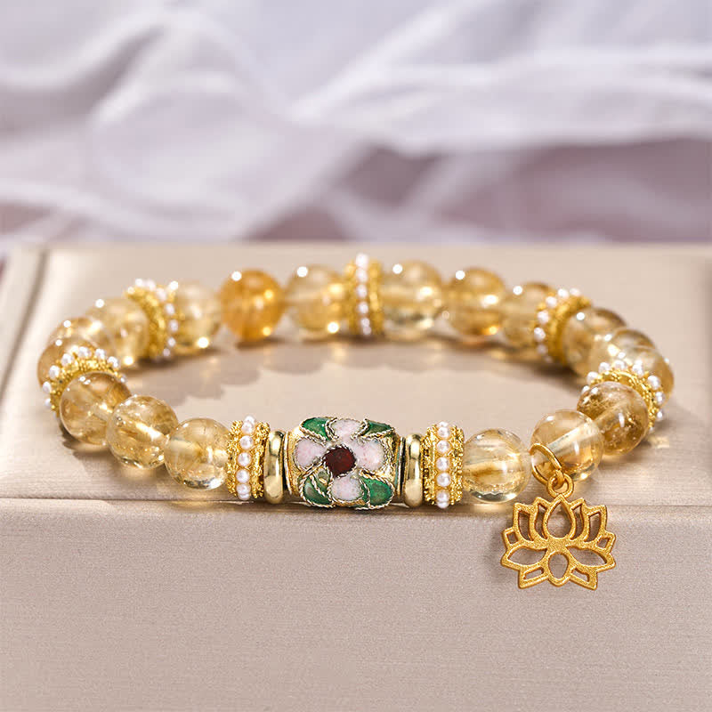 Buddha Stones Citrin-Lotus-Anhänger, Emaille-Fassperlen, handpoliertes Armband mit runden Perlen - image 3