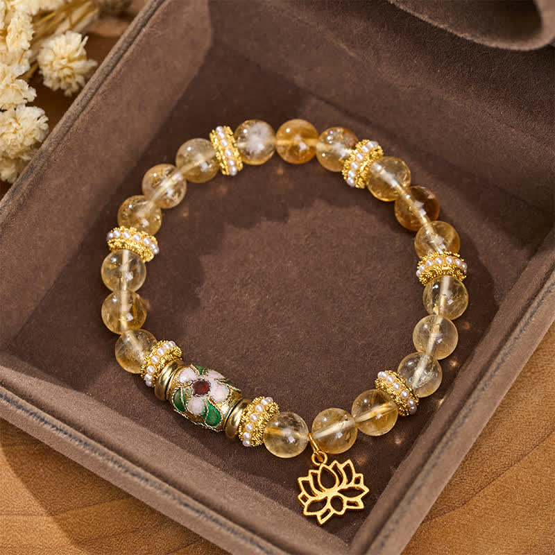 Buddha Stones Citrin-Lotus-Anhänger, Emaille-Fassperlen, handpoliertes Armband mit runden Perlen - Citrin (Handgelenkumfang: 15–16 cm) - image 0