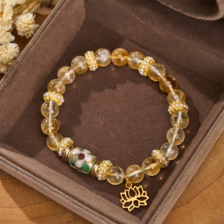 Buddha Stones Citrin-Lotus-Anhänger, Emaille-Fassperlen, handpoliertes Armband mit runden Perlen - Citrin (Handgelenkumfang: 15–16 cm) - image 0
