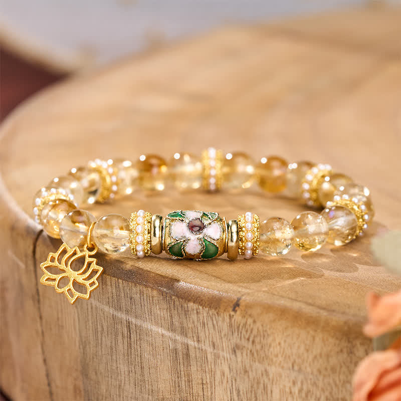 Buddha Stones Citrin-Lotus-Anhänger, Emaille-Fassperlen, handpoliertes Armband mit runden Perlen - image 2