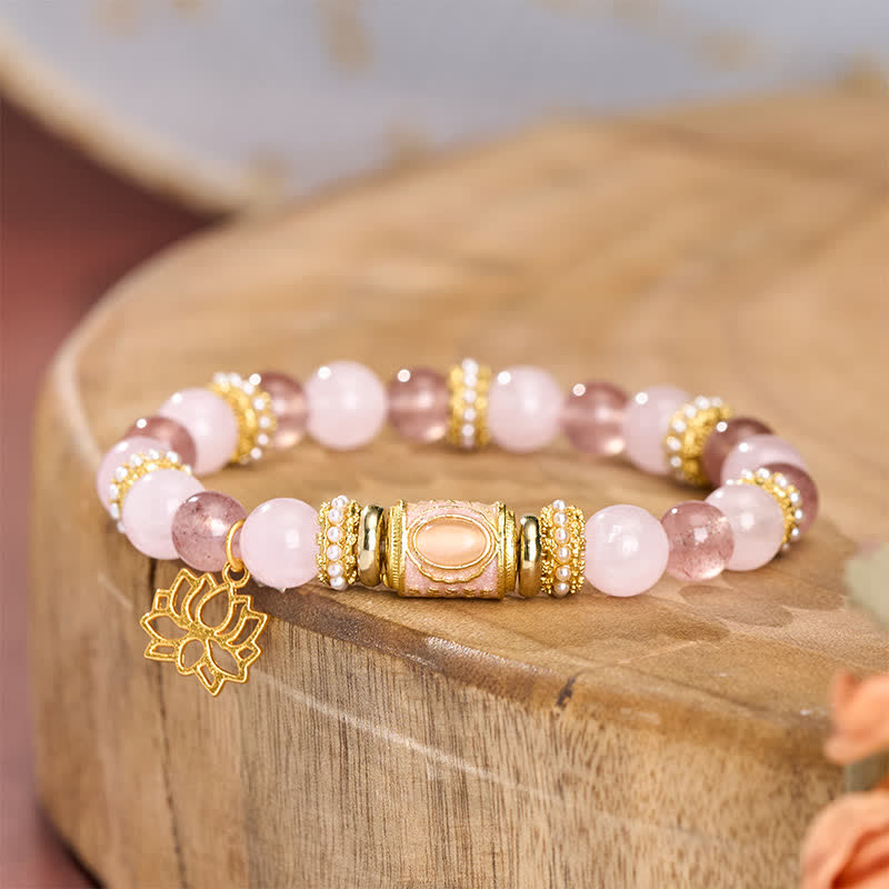 Buddha Stones Armband aus natürlichem Erdbeerquarz, Rosenquarz und Emaille-Fassperlen - image 3