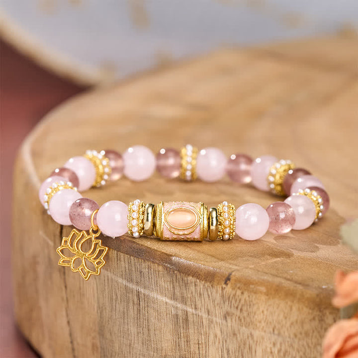 Buddha Stones Armband aus natürlichem Erdbeerquarz, Rosenquarz und Emaille-Fassperlen - image 3