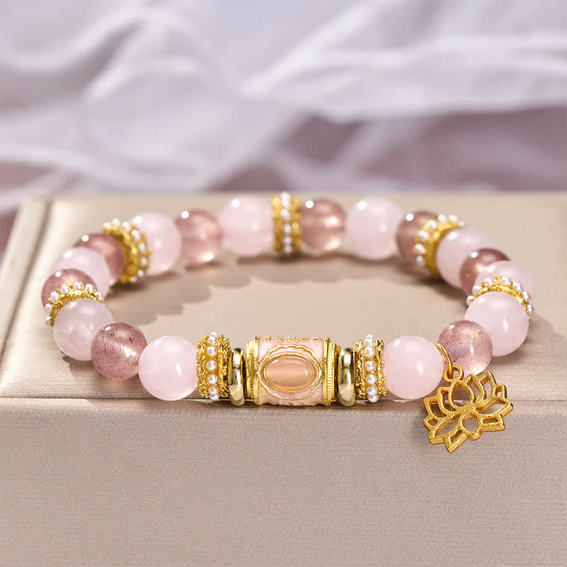 Buddha Stones Armband aus natürlichem Erdbeerquarz, Rosenquarz und Emaille-Fassperlen - image 2