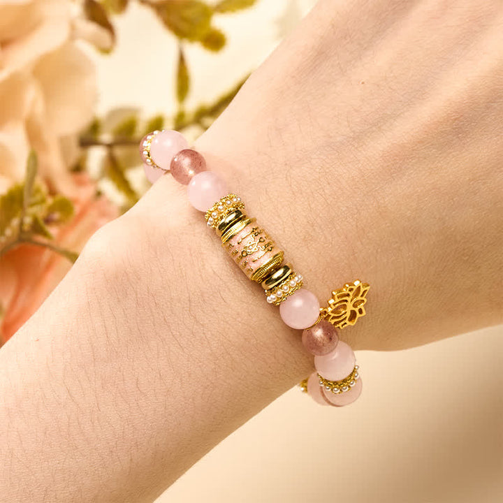 Buddha Stones Armband aus natürlichem Erdbeerquarz, Rosenquarz und Emaille-Fassperlen - image 4