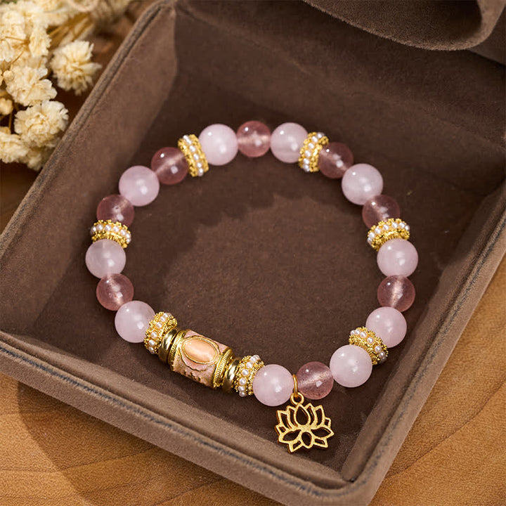 Buddha Stones Armband aus natürlichem Erdbeerquarz, Rosenquarz und Emaille-Fassperlen - image 1