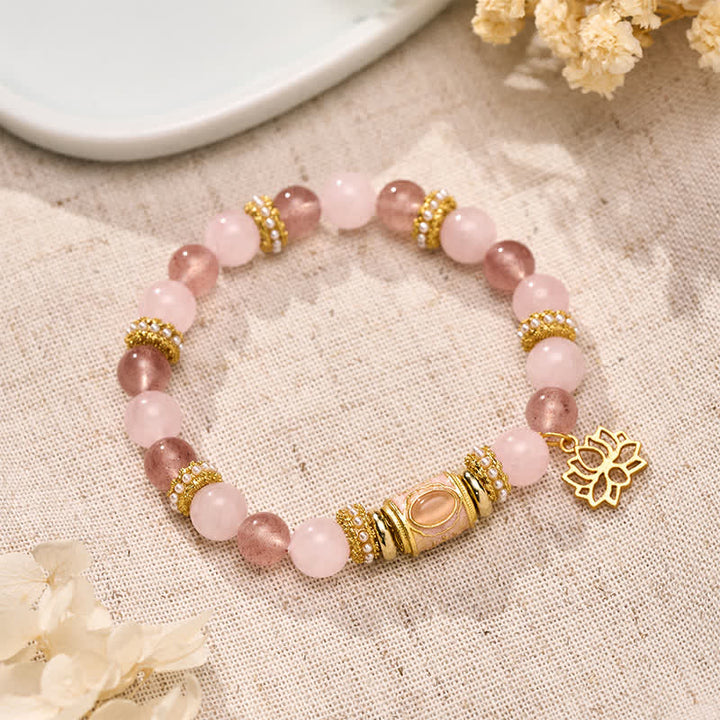 Buddha Stones Armband aus natürlichem Erdbeerquarz, Rosenquarz und Emaille-Fassperlen - Erdbeerquarz Rosenquarz (Handgelenkumfang: 15–16 cm) - image 0