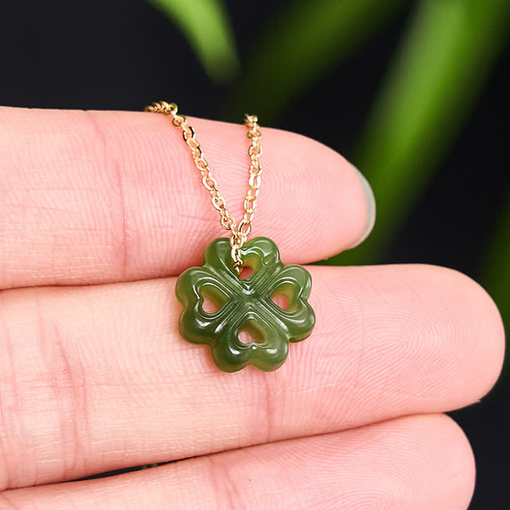 Buddha Stones Jade-Halskette mit vierblättrigem Kleeblatt-Anhänger (handgeschnitzt) - image 3