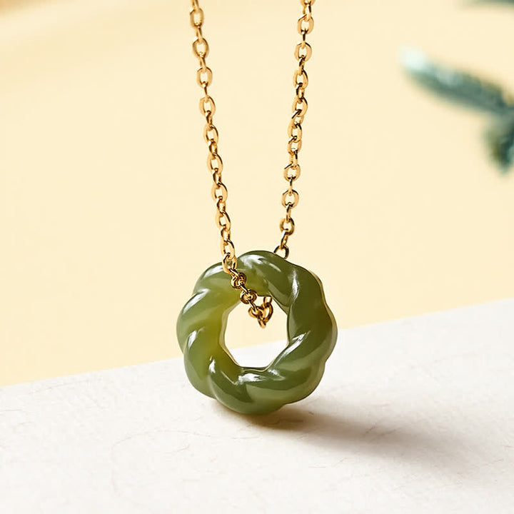 Buddha Stones Handgeschnitzte Vintage-Halskette aus Hetian-Jade mit frittierten Teigspiralen - 925 Sterlingsilber (Segen♥Ruhe) - Hellgrün - Natürlicher Jade (Farbe kann variieren) - image 0