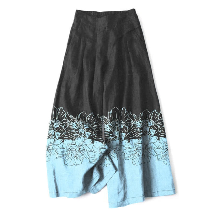 Buddha Stones Baumwoll-Leinen-Hose mit Vintage-Blumenmuster, elastischem Bund, weitem Bein und Taschen - Schwarz - US16, UK/AU20, EU48 (3XL) - image 0