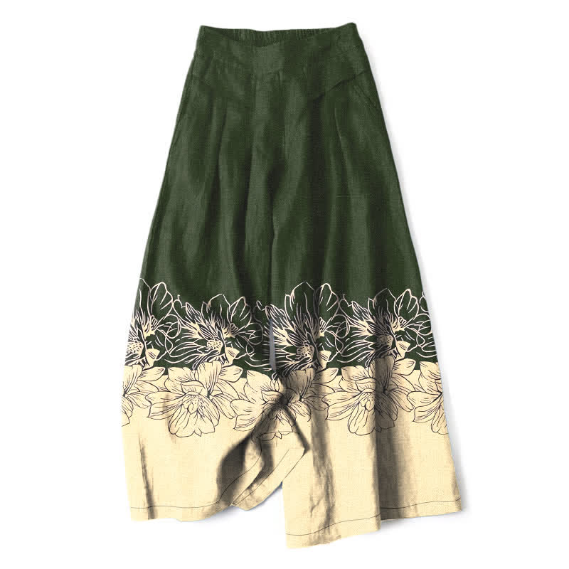 Buddha Stones Baumwoll-Leinen-Hose mit Vintage-Blumenmuster, elastischem Bund, weitem Bein und Taschen - Dunkelolivgrün - US16, UK/AU20, EU48 (3XL) - image 4