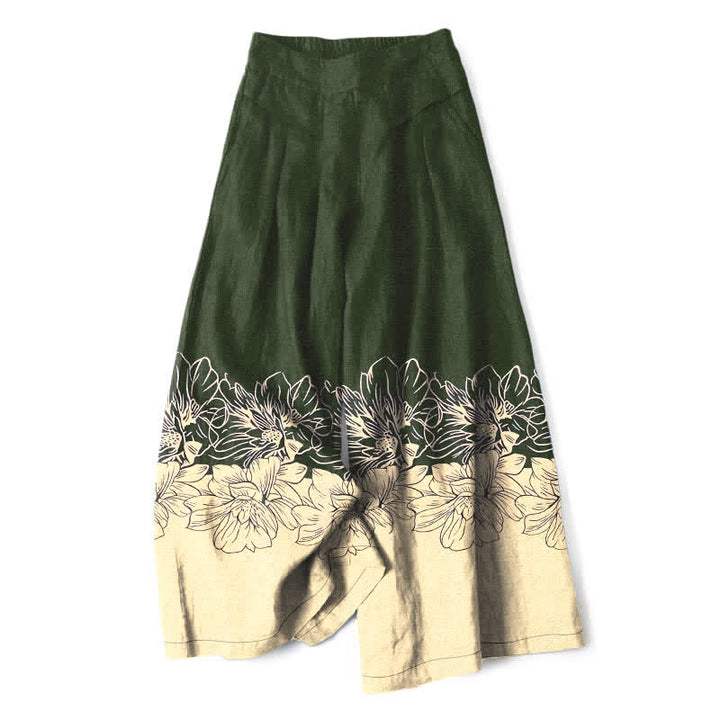 Buddha Stones Baumwoll-Leinen-Hose mit Vintage-Blumenmuster, elastischem Bund, weitem Bein und Taschen - Dunkelolivgrün - US16, UK/AU20, EU48 (3XL) - image 4