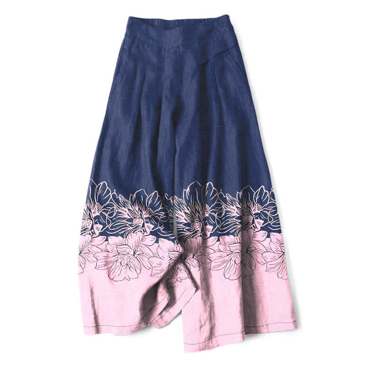 Buddha Stones Baumwoll-Leinen-Hose mit Vintage-Blumenmuster, elastischem Bund, weitem Bein und Taschen - Marine - US16, UK/AU20, EU48 (3XL) - image 6
