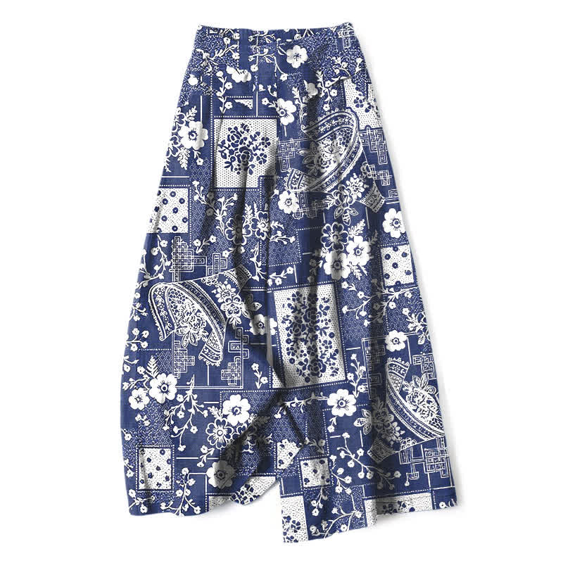 Buddha Stones Damenhose mit weitem Bein, Taschen und einem Vintage-Muster aus Baumwoll-Leinen-Mischgewebe mit floralem und geometrischem Patchwork-Muster, elastischem Bund und Taschen - Marine - US16, UK/AU20, EU48 (3XL) - image 0