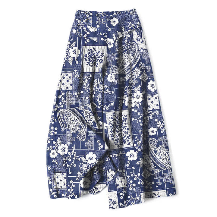 Buddha Stones Damenhose mit weitem Bein, Taschen und einem Vintage-Muster aus Baumwoll-Leinen-Mischgewebe mit floralem und geometrischem Patchwork-Muster, elastischem Bund und Taschen - Marine - US16, UK/AU20, EU48 (3XL) - image 0