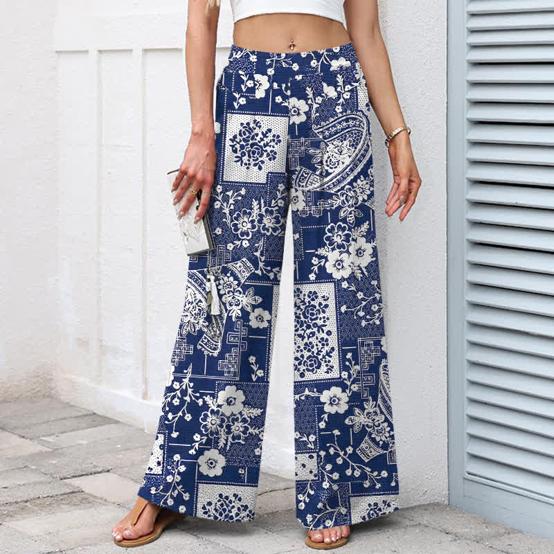 Buddha Stones Damenhose mit weitem Bein, Taschen und einem Vintage-Muster aus Baumwoll-Leinen-Mischgewebe mit floralem und geometrischem Patchwork-Muster, elastischem Bund und Taschen - image 1