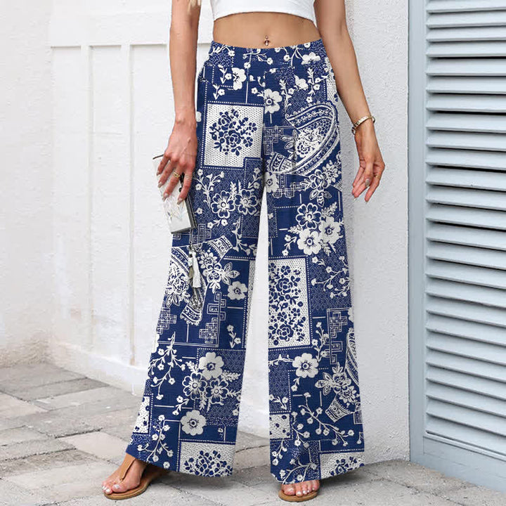 Buddha Stones Damenhose mit weitem Bein, Taschen und einem Vintage-Muster aus Baumwoll-Leinen-Mischgewebe mit floralem und geometrischem Patchwork-Muster, elastischem Bund und Taschen - image 1