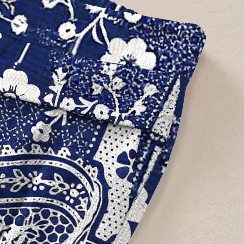 Buddha Stones Damenhose mit weitem Bein, Taschen und einem Vintage-Muster aus Baumwoll-Leinen-Mischgewebe mit floralem und geometrischem Patchwork-Muster, elastischem Bund und Taschen - image 2