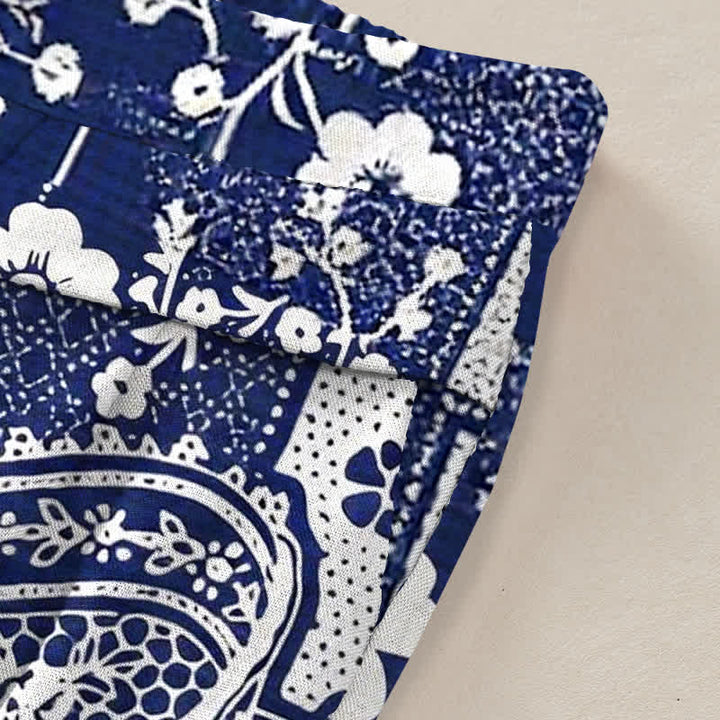 Buddha Stones Damenhose mit weitem Bein, Taschen und einem Vintage-Muster aus Baumwoll-Leinen-Mischgewebe mit floralem und geometrischem Patchwork-Muster, elastischem Bund und Taschen - image 2