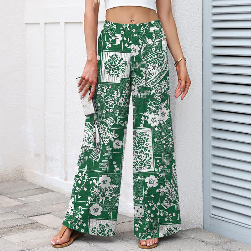 Buddha Stones Damenhose mit weitem Bein, Taschen und einem Vintage-Muster aus Baumwoll-Leinen-Mischgewebe mit floralem und geometrischem Patchwork-Muster, elastischem Bund und Taschen - image 5