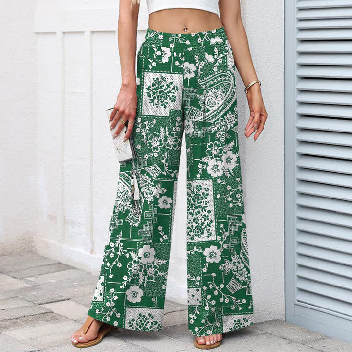 Buddha Stones Damenhose mit weitem Bein, Taschen und einem Vintage-Muster aus Baumwoll-Leinen-Mischgewebe mit floralem und geometrischem Patchwork-Muster, elastischem Bund und Taschen - image 5