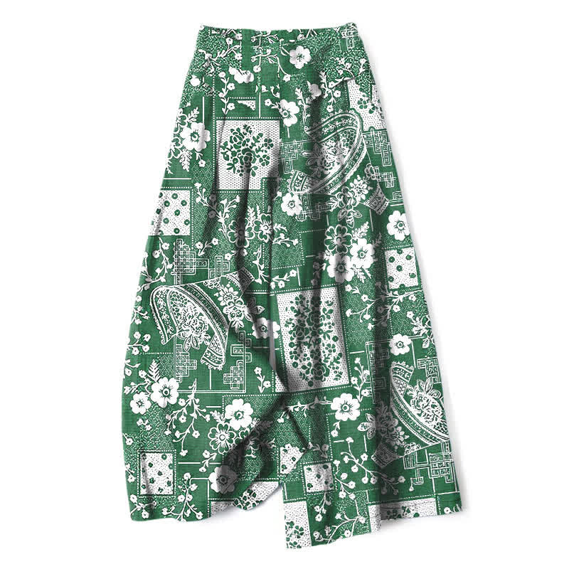 Buddha Stones Damenhose mit weitem Bein, Taschen und einem Vintage-Muster aus Baumwoll-Leinen-Mischgewebe mit floralem und geometrischem Patchwork-Muster, elastischem Bund und Taschen - SeaGreen - US16, UK/AU20, EU48 (3XL) - image 4