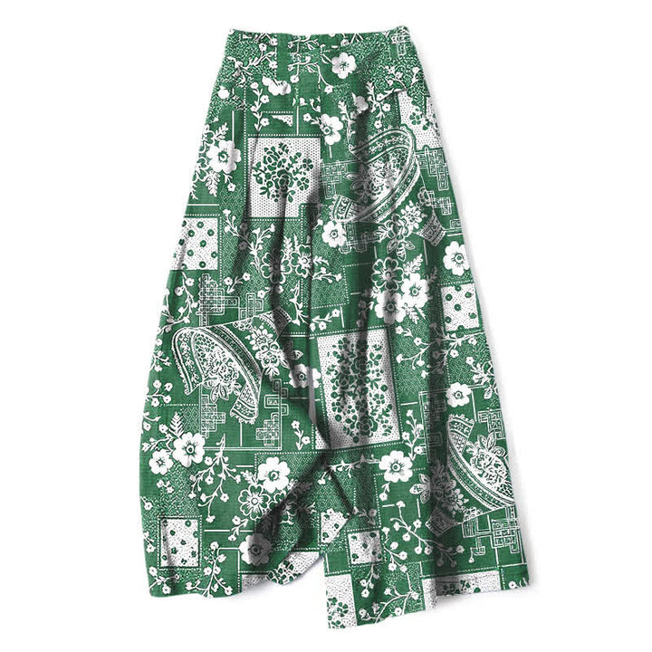 Buddha Stones Damenhose mit weitem Bein, Taschen und einem Vintage-Muster aus Baumwoll-Leinen-Mischgewebe mit floralem und geometrischem Patchwork-Muster, elastischem Bund und Taschen - SeaGreen - US16, UK/AU20, EU48 (3XL) - image 4