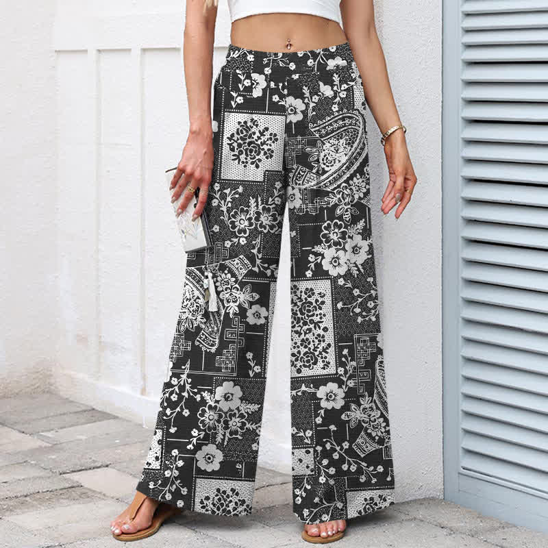 Buddha Stones Damenhose mit weitem Bein, Taschen und einem Vintage-Muster aus Baumwoll-Leinen-Mischgewebe mit floralem und geometrischem Patchwork-Muster, elastischem Bund und Taschen - image 7