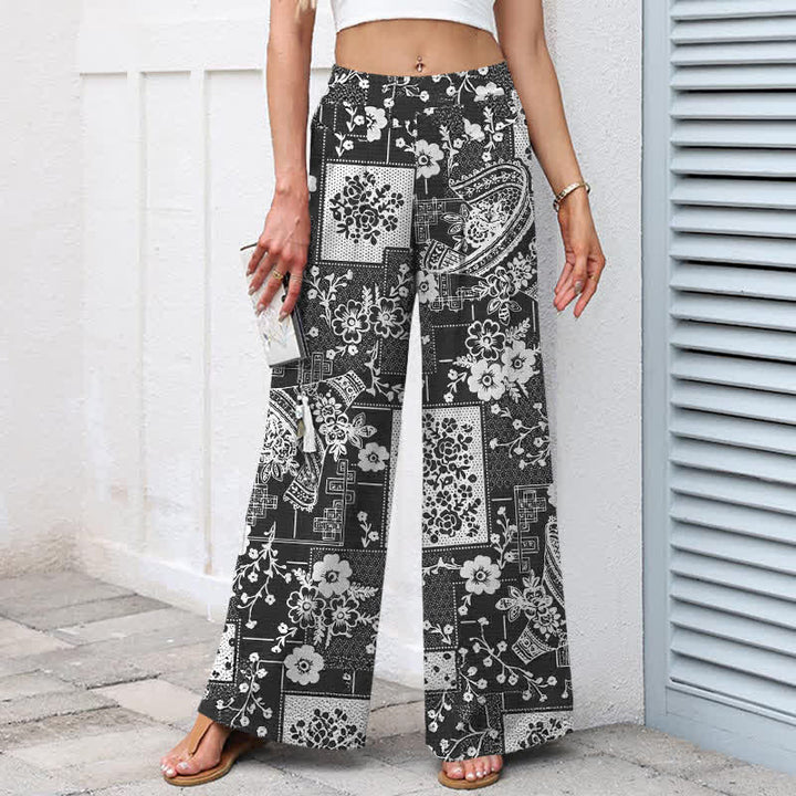 Buddha Stones Damenhose mit weitem Bein, Taschen und einem Vintage-Muster aus Baumwoll-Leinen-Mischgewebe mit floralem und geometrischem Patchwork-Muster, elastischem Bund und Taschen - image 7