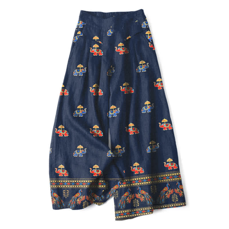 Buddha Stones Damenhose aus Baumwoll-Leinen-Mischgewebe mit Elefantenmuster im Bohème-Stil, elastischem Bund, weitem Bein und Taschen - Mitternachtsblau - US16, UK/AU20, EU48 (3XL) - image 0
