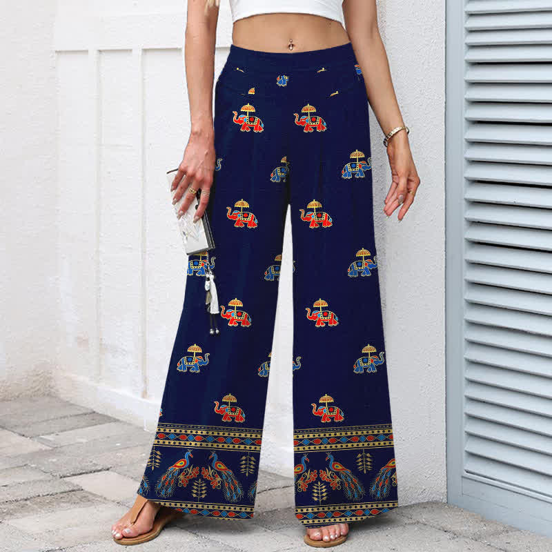 Buddha Stones Damenhose aus Baumwoll-Leinen-Mischgewebe mit Elefantenmuster im Bohème-Stil, elastischem Bund, weitem Bein und Taschen - image 1