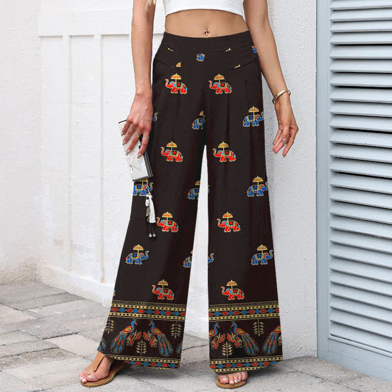 Buddha Stones Damenhose aus Baumwoll-Leinen-Mischgewebe mit Elefantenmuster im Bohème-Stil, elastischem Bund, weitem Bein und Taschen - image 5