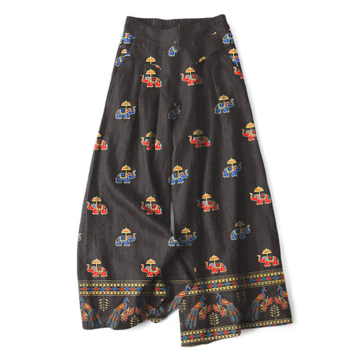 Buddha Stones Damenhose aus Baumwoll-Leinen-Mischgewebe mit Elefantenmuster im Bohème-Stil, elastischem Bund, weitem Bein und Taschen - Sattelbraun - US16, UK/AU20, EU48 (3XL) - image 4