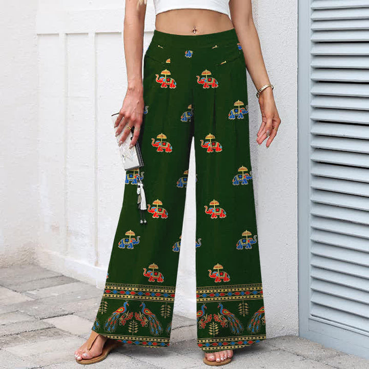 Buddha Stones Damenhose aus Baumwoll-Leinen-Mischgewebe mit Elefantenmuster im Bohème-Stil, elastischem Bund, weitem Bein und Taschen - image 7