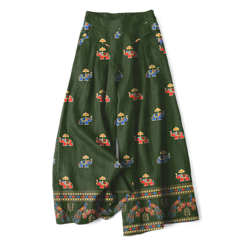 Buddha Stones Damenhose aus Baumwoll-Leinen-Mischgewebe mit Elefantenmuster im Bohème-Stil, elastischem Bund, weitem Bein und Taschen - Dunkelgrün - US16, UK/AU20, EU48 (3XL) - image 6
