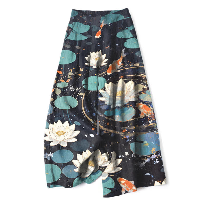 Buddha Stones Baumwoll-Leinen-Hose mit Lotus-Koi-Fischmuster, elastischem Bund, weitem Bein und Taschen - Schwarz - US16, UK/AU20, EU48 (3XL) - image 0