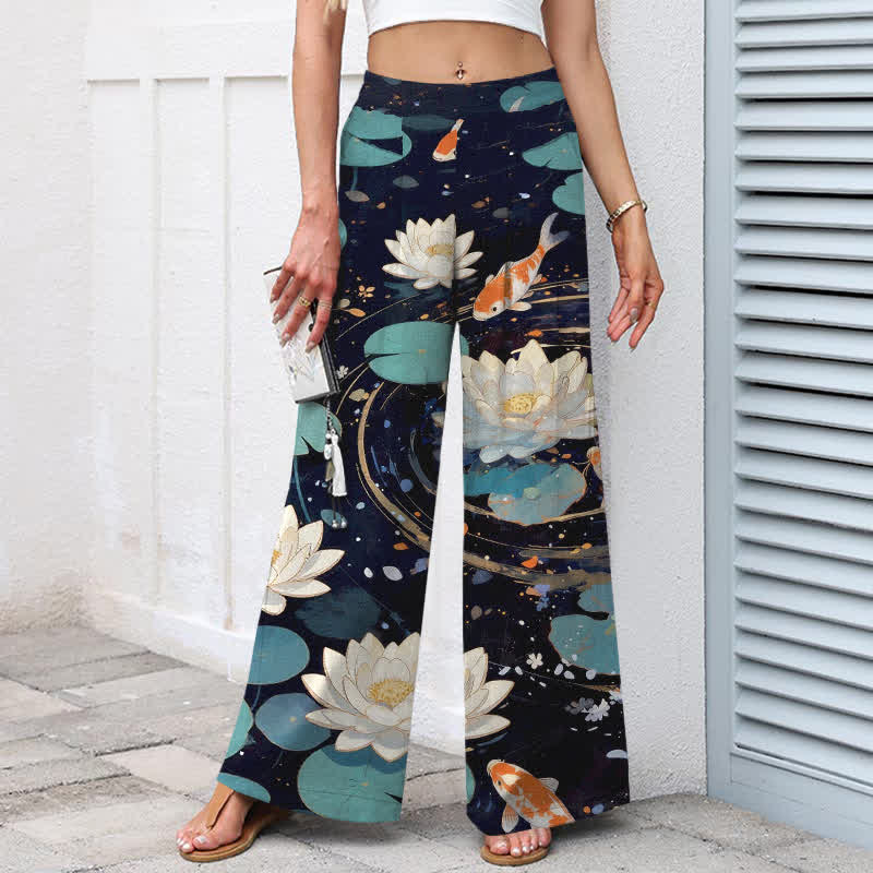 Buddha Stones Baumwoll-Leinen-Hose mit Lotus-Koi-Fischmuster, elastischem Bund, weitem Bein und Taschen - image 1