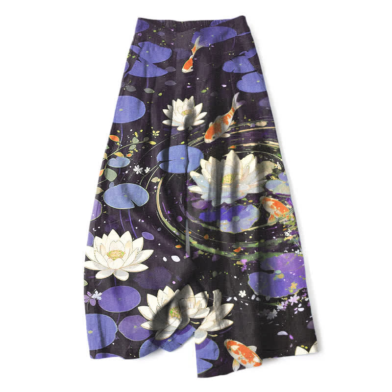 Buddha Stones Baumwoll-Leinen-Hose mit Lotus-Koi-Fischmuster, elastischem Bund, weitem Bein und Taschen - Blauviolett - US16, UK/AU20, EU48 (3XL) - image 4