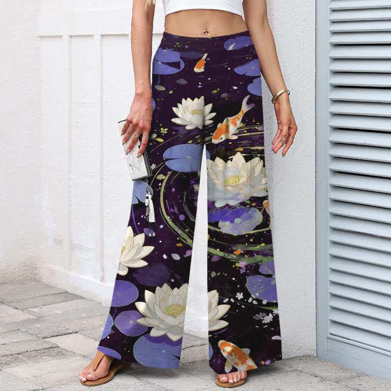 Buddha Stones Baumwoll-Leinen-Hose mit Lotus-Koi-Fischmuster, elastischem Bund, weitem Bein und Taschen - image 5