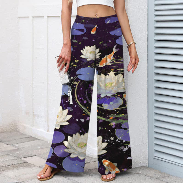 Buddha Stones Baumwoll-Leinen-Hose mit Lotus-Koi-Fischmuster, elastischem Bund, weitem Bein und Taschen - image 5