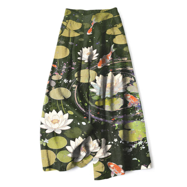 Buddha Stones Baumwoll-Leinen-Hose mit Lotus-Koi-Fischmuster, elastischem Bund, weitem Bein und Taschen - Dunkelolivgrün - US16, UK/AU20, EU48 (3XL) - image 6