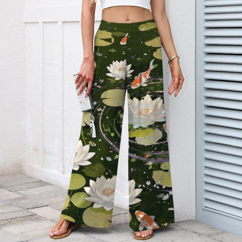 Buddha Stones Baumwoll-Leinen-Hose mit Lotus-Koi-Fischmuster, elastischem Bund, weitem Bein und Taschen - image 7