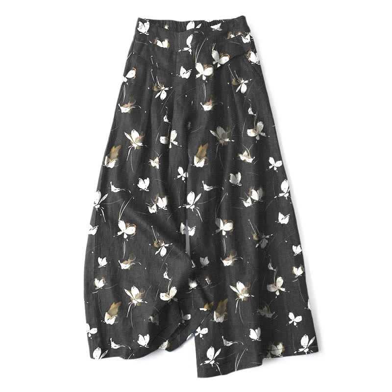 Buddha Stones Baumwoll-Leinen-Hose mit Vintage-Blumenmuster und weißem Schmetterlingsmuster, elastischem Bund, weitem Bein und Taschen - Schwarz - US16, UK/AU20, EU48 (3XL) - image 0