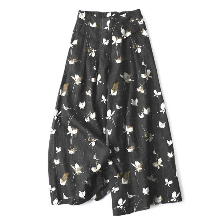 Buddha Stones Baumwoll-Leinen-Hose mit Vintage-Blumenmuster und weißem Schmetterlingsmuster, elastischem Bund, weitem Bein und Taschen - Schwarz - US16, UK/AU20, EU48 (3XL) - image 0