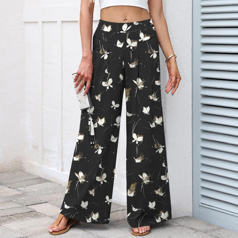 Buddha Stones Baumwoll-Leinen-Hose mit Vintage-Blumenmuster und weißem Schmetterlingsmuster, elastischem Bund, weitem Bein und Taschen - image 1