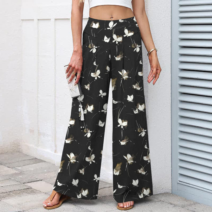 Buddha Stones Baumwoll-Leinen-Hose mit Vintage-Blumenmuster und weißem Schmetterlingsmuster, elastischem Bund, weitem Bein und Taschen - image 1